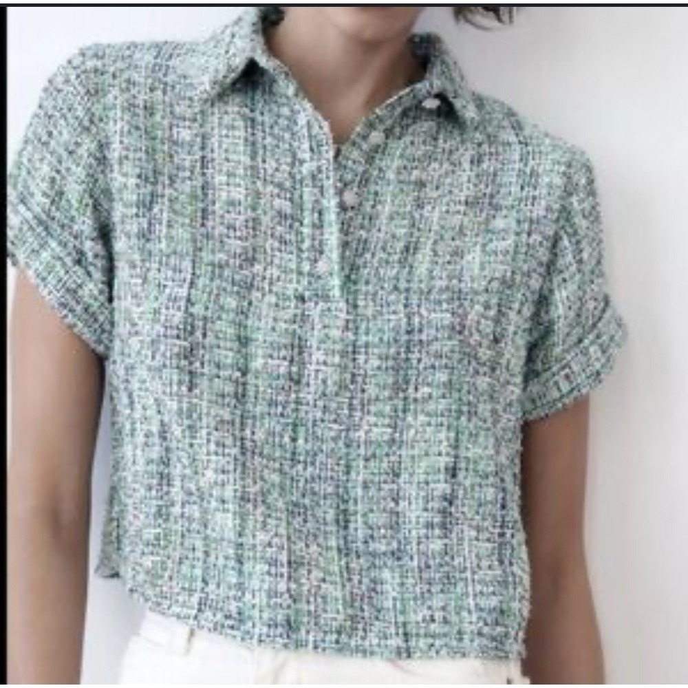Zara Tweed Top Short Sleeve Button Up Green Blue‎ White Boxy Blouse Size S